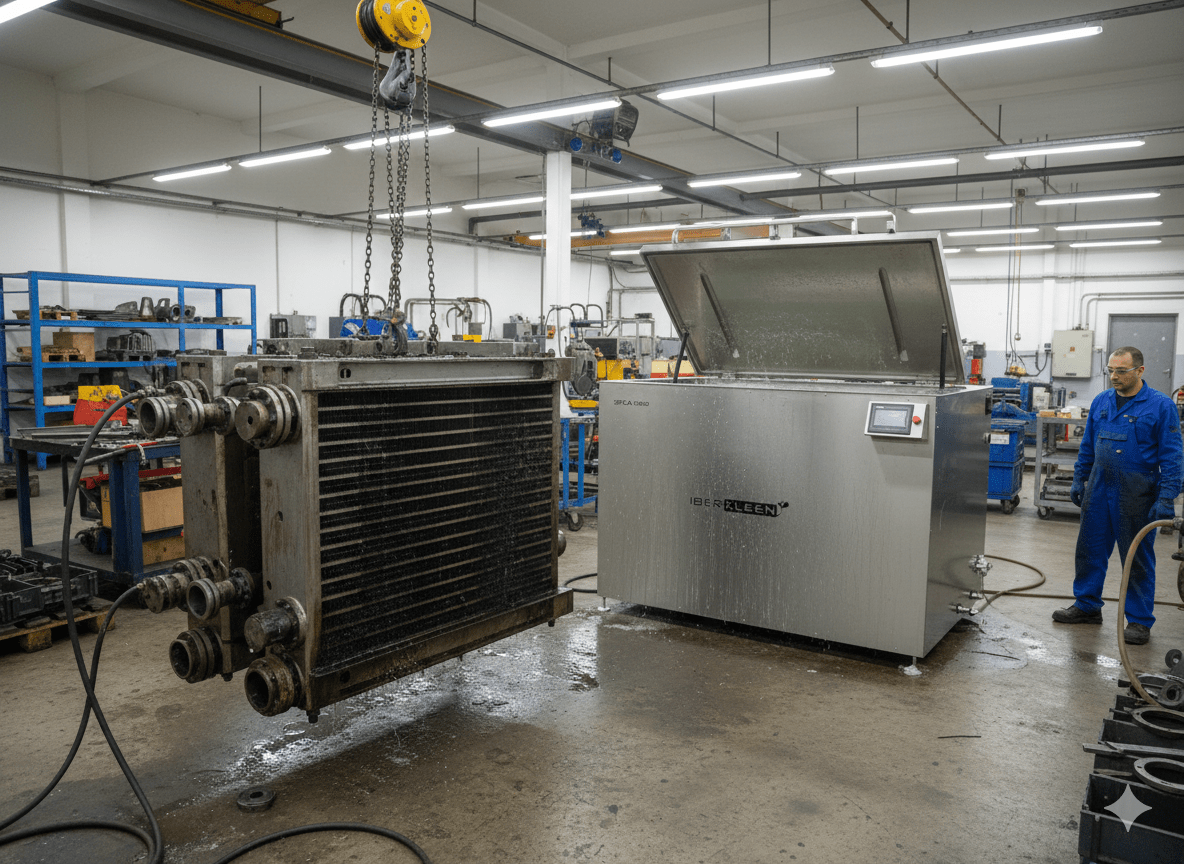 Intercambiador de calor de placas durante un proceso de limpieza y mantenimiento industrial