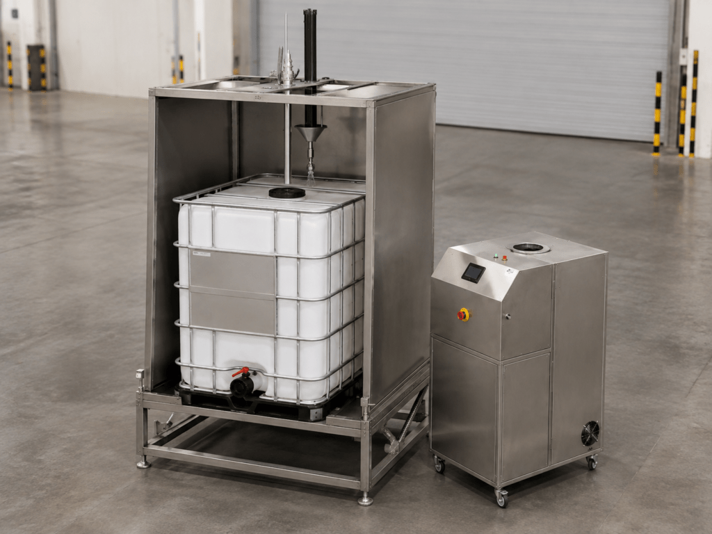 Industrial IBC washing station with a 1,000-litre container, overhead spray head and mobile stainless steel control cabinet.