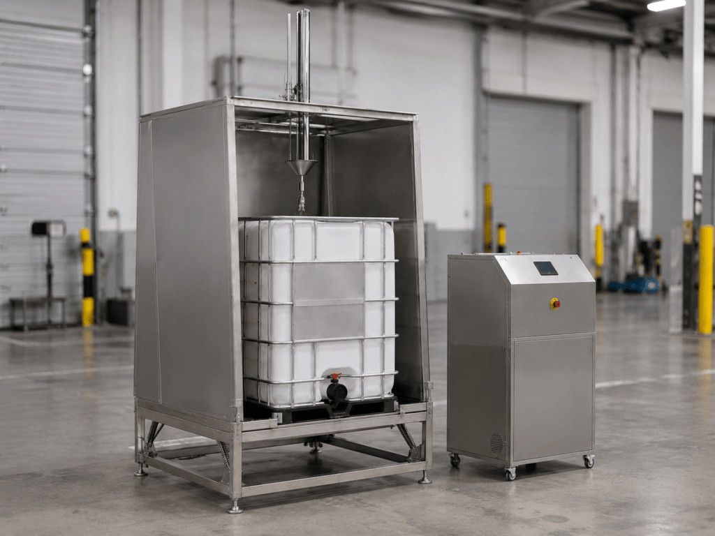 Lavadora de IBC con contenedor de 1000 litros, cabezal de limpieza superior y unidad de control de acero inoxidable.