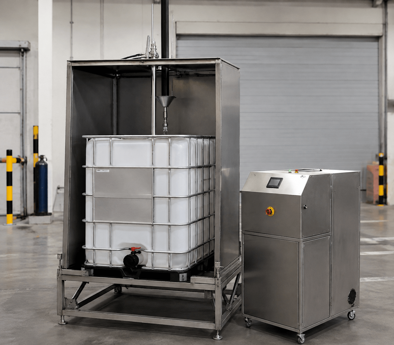 Máquina industrial de acero inoxidable para limpiar un IBC de 1000 litros mediante un cabezal de aspersión superior
