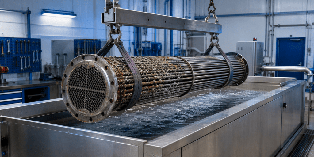 Haz tubular de un condensador naval suspendido sobre una cuba industrial de limpieza por ultrasonidos