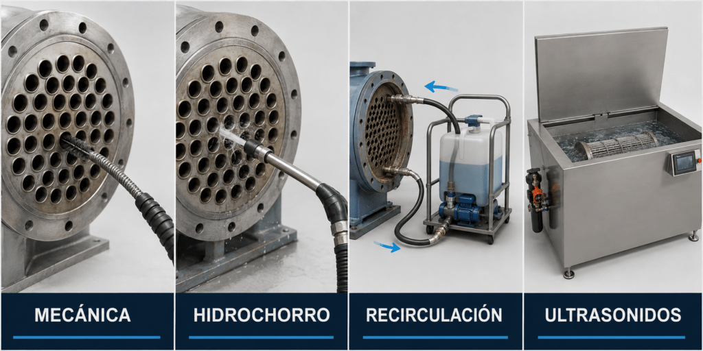 Comparación visual entre limpieza mecánica, hidrochorro, recirculación química y ultrasonidos