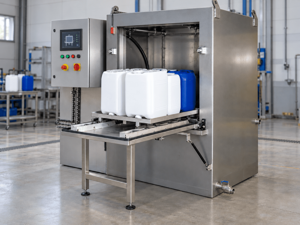 Lavadora industrial de bidones y garrafas de plástico con pantalla táctil y bandeja de carga extraíble.