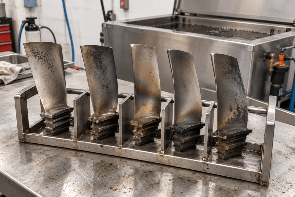 Álabes desmontados de una turbina industrial con depósitos antes del proceso de limpieza